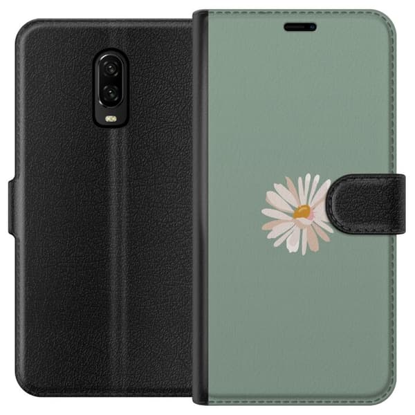 OnePlus 6T Plånboksfodral Grön Minimalblomma – stilren blomma på grön bakgrund