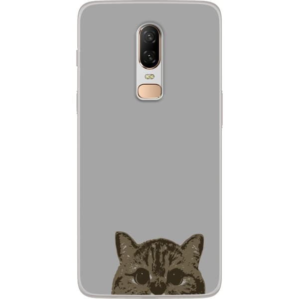 OnePlus 6 Genomskinligt Skal Grå Kattblick – stilren kattdesign med grå bakgrund
