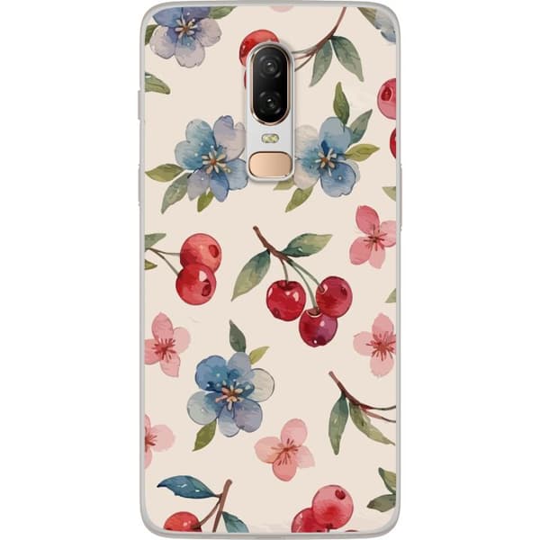 OnePlus 6 Genomskinligt Skal Bär & Blommor – mönster med blå blommor och skogsbär