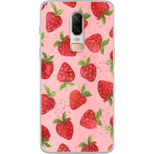 OnePlus 6 Genomskinligt Skal Strawberry Dreams – jordgubbsmönster i retrostil