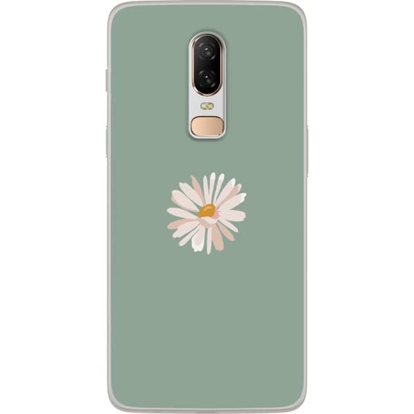 OnePlus 6 Genomskinligt Skal Grön Minimalblomma – stilren blomma på grön bakgrund
