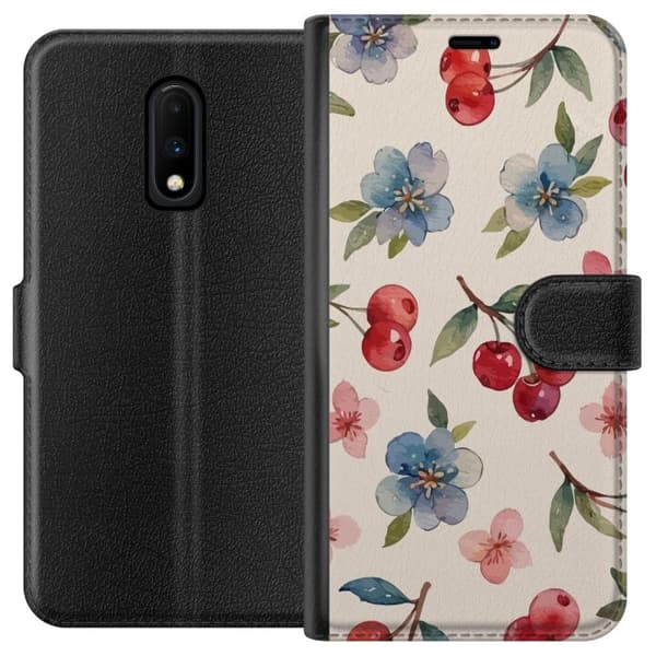 OnePlus 7 Lompakkokotelo Marjat & Kukat - kuvio, jossa on sinisiä kukkia ja metsänmarjoja