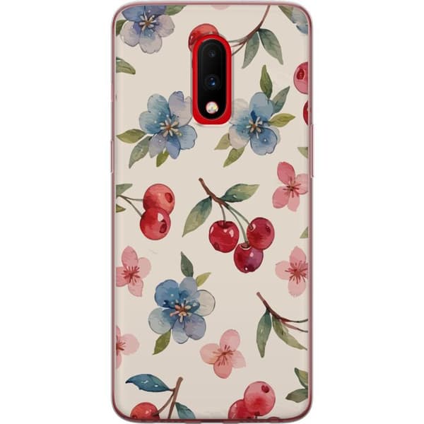 OnePlus 7 Gjennomsiktig deksel Bær & Blomster - mønster med blå blomster og skogsbær