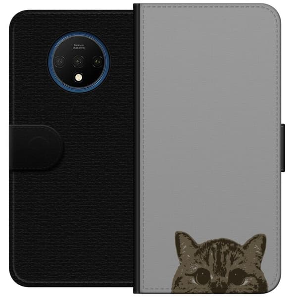 OnePlus 7T Tegnebogsetui Grå Katteblik - stilfuld kat design med grå baggrund