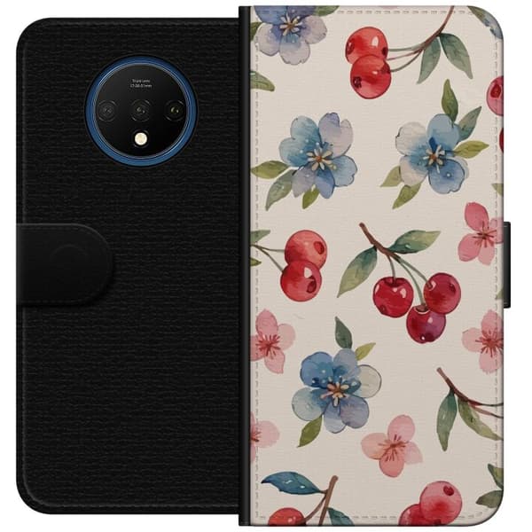 OnePlus 7T Lommeboketui Bær & Blomster - mønster med blå blomster og skogsbær