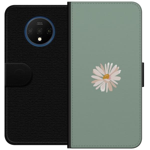 OnePlus 7T Tegnebogsetui Grøn Minimalblomst - stilfuld blomst på grøn baggrund