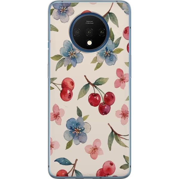 OnePlus 7T Gjennomsiktig deksel Bær & Blomster - mønster med blå blomster og skogsbær
