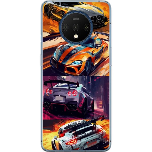 OnePlus 7T Gennemsigtig cover Rallyfeber - fartfyldt motiv med rallybiler