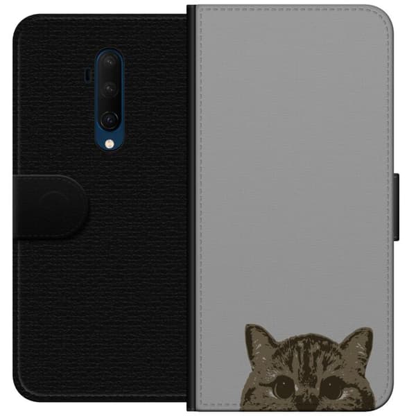 OnePlus 7T Pro Tegnebogsetui Grå Katteblik - stilfuld kat design med grå baggrund