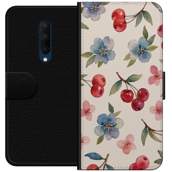 OnePlus 7T Pro Tegnebogsetui Bær & Blomster - mønster med blå blomster og skovbær