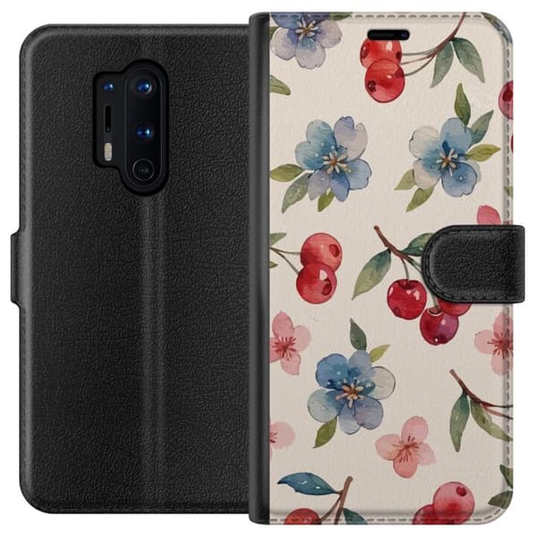 OnePlus 8 Pro Lommeboketui Bær & Blomster - mønster med blå blomster og skogsbær