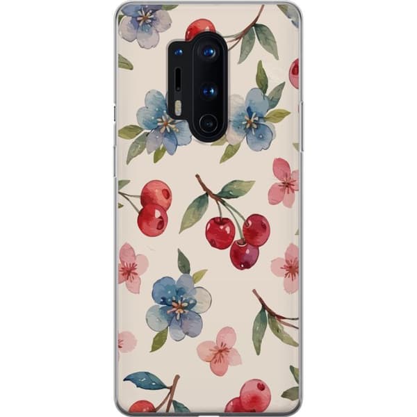 OnePlus 8 Pro Gjennomsiktig deksel Bær & Blomster - mønster med blå blomster og skogsbær