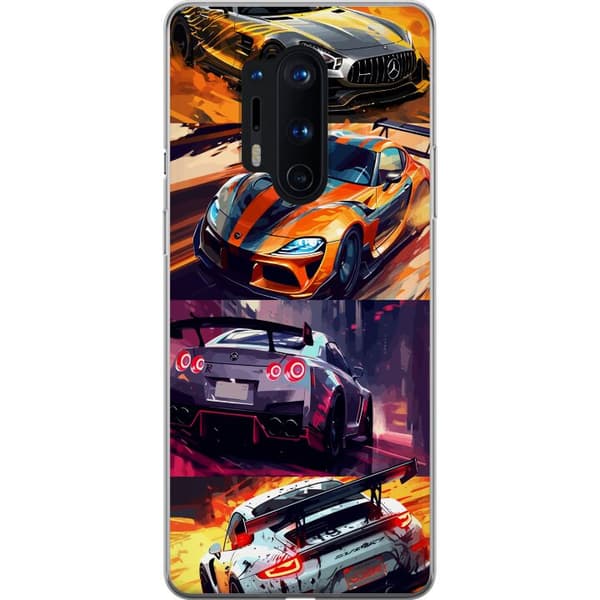 OnePlus 8 Pro Gennemsigtig cover Rallyfeber - fartfyldt motiv med rallybiler