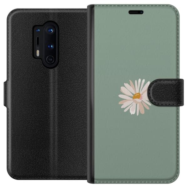 OnePlus 8 Pro Plånboksfodral Grön Minimalblomma – stilren blomma på grön bakgrund