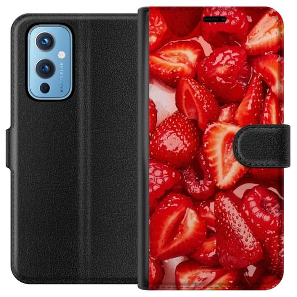 OnePlus 9 Lompakkokotelo Mansikkakuviointi - makea motiivi kesäfiiliksellä