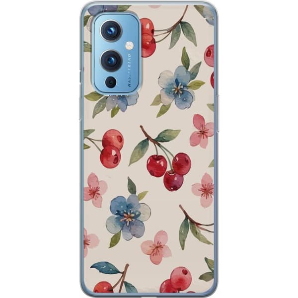 OnePlus 9 Läpinäkyvä kuori Marjat & Kukat - kuvio, jossa on sinisiä kukkia ja metsänmarjoja
