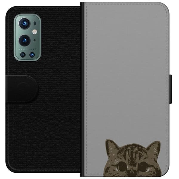 OnePlus 9 Pro Plånboksfodral Grå Kattblick – stilren kattdesign med grå bakgrund