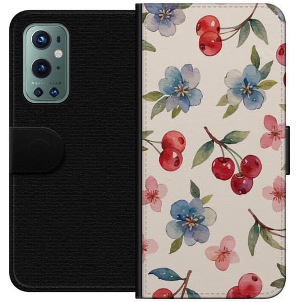 OnePlus 9 Pro Plånboksfodral Bär & Blommor – mönster med blå blommor och skogsbär