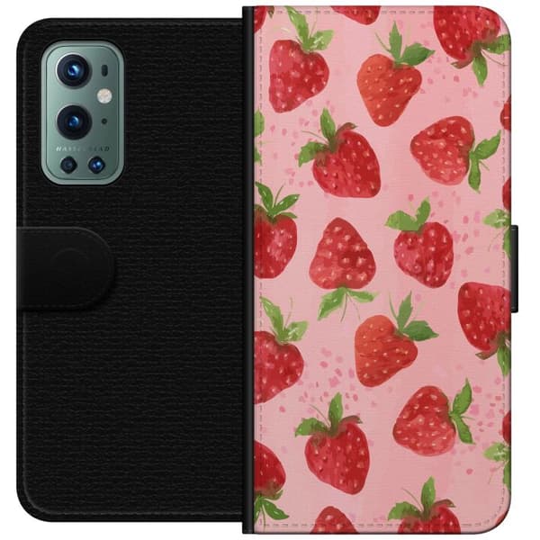 OnePlus 9 Pro Plånboksfodral Strawberry Dreams – jordgubbsmönster i retrostil