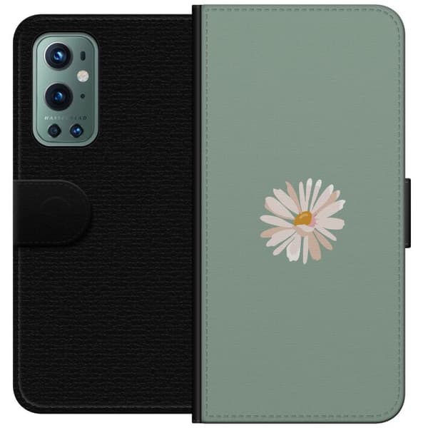 OnePlus 9 Pro Plånboksfodral Grön Minimalblomma – stilren blomma på grön bakgrund