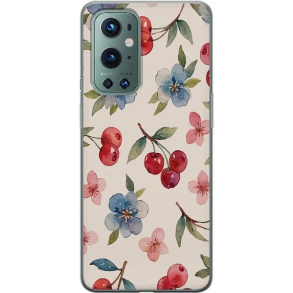 OnePlus 9 Pro Genomskinligt Skal Bär & Blommor – mönster med blå blommor och skogsbär