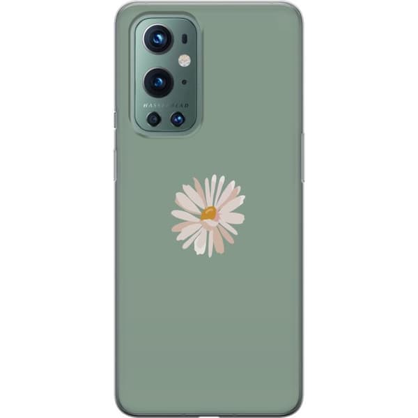 OnePlus 9 Pro Genomskinligt Skal Grön Minimalblomma – stilren blomma på grön bakgrund