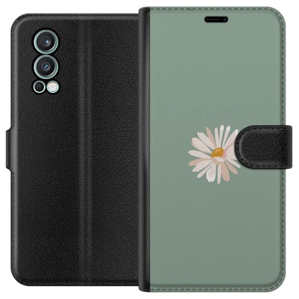 OnePlus Nord 2 5G Lompakkokotelo Vihreä Minimalikukka - tyylikäs kukka vihreällä taustalla