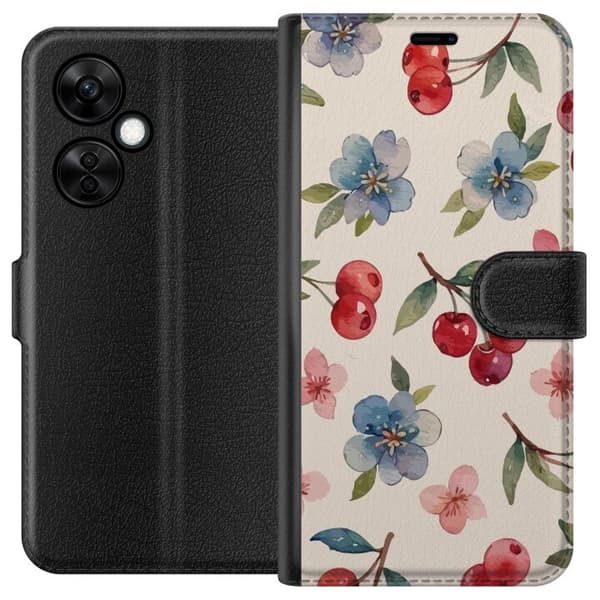 OnePlus Nord CE 3 Lite Lommeboketui Bær & Blomster - mønster med blå blomster og skogsbær