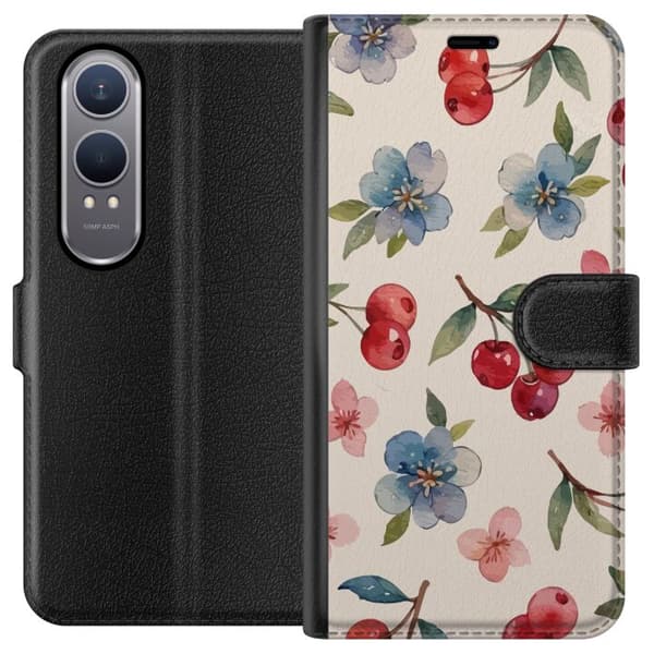 OnePlus Nord CE4 Lite Lommeboketui Bær & Blomster - mønster med blå blomster og skogsbær