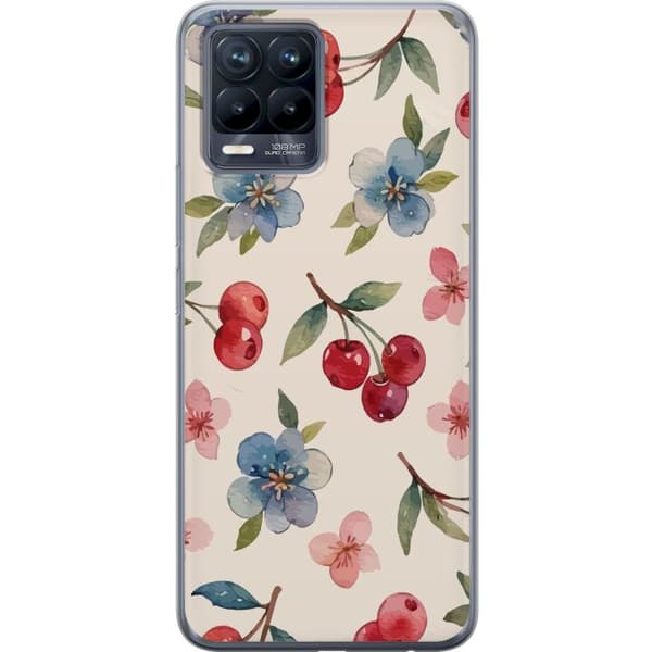 Realme 8 Gennemsigtig cover Bær & Blomster - mønster med blå blomster og skovbær