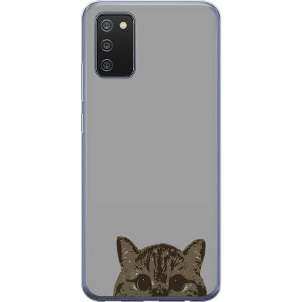 Samsung Galaxy A02s Gjennomsiktig deksel Grå Kattblikk - stilren katte design med grå bakgrunn