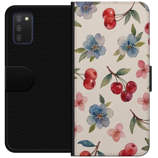 Samsung Galaxy A03s Tegnebogsetui Bær & Blomster - mønster med blå blomster og skovbær