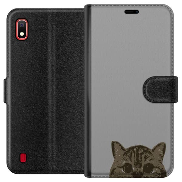 Samsung Galaxy A10 Plånboksfodral Grå Kattblick – stilren kattdesign med grå bakgrund
