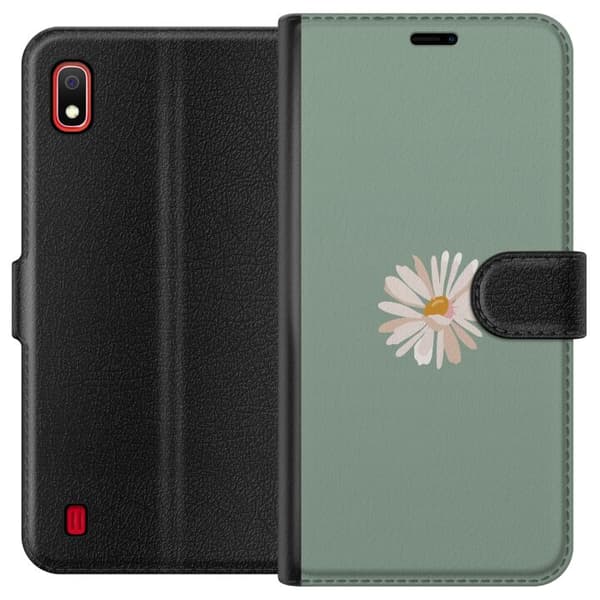 Samsung Galaxy A10 Plånboksfodral Grön Minimalblomma – stilren blomma på grön bakgrund