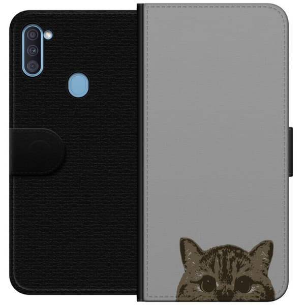 Samsung Galaxy A11 Plånboksfodral Grå Kattblick – stilren kattdesign med grå bakgrund