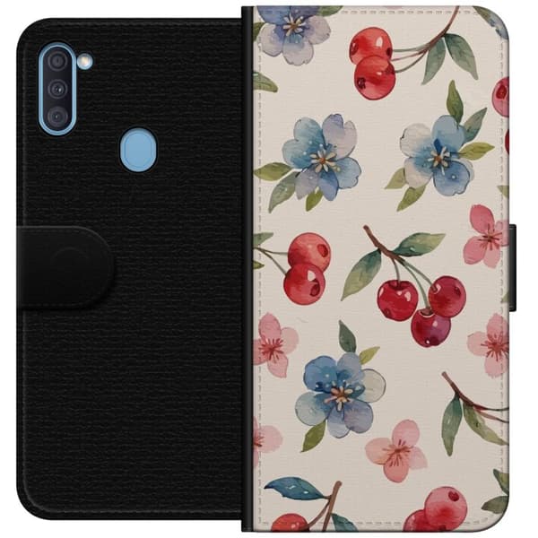 Samsung Galaxy A11 Tegnebogsetui Bær & Blomster - mønster med blå blomster og skovbær