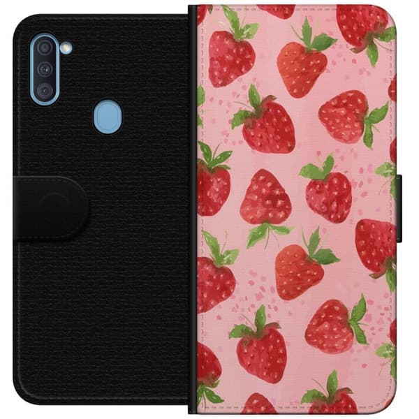 Samsung Galaxy A11 Plånboksfodral Strawberry Dreams – jordgubbsmönster i retrostil