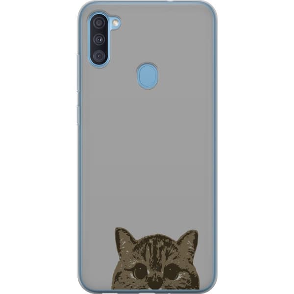 Samsung Galaxy A11 Genomskinligt Skal Grå Kattblick – stilren kattdesign med grå bakgrund