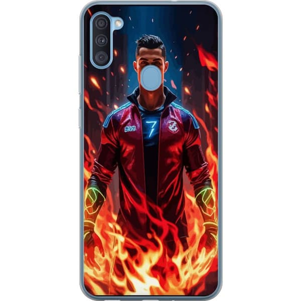 Samsung Galaxy A11 Läpinäkyvä kuori Ronaldo Inferno - jalkapallolegenda liekeissä