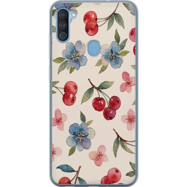 Samsung Galaxy A11 Genomskinligt Skal Bär & Blommor – mönster med blå blommor och skogsbär