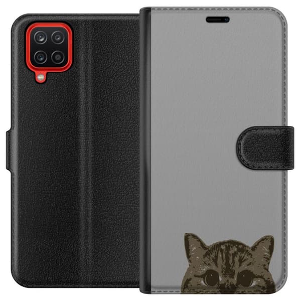Samsung Galaxy A12 Lommeboketui Grå Kattblikk - stilren katte design med grå bakgrunn