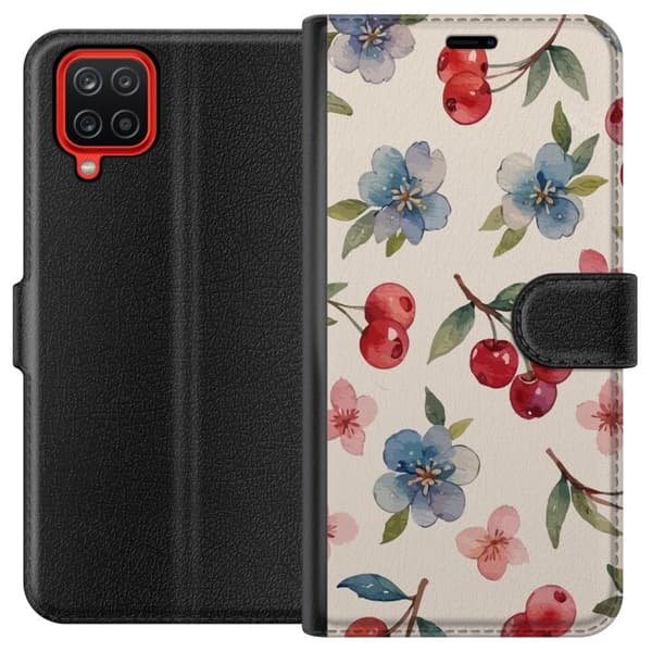 Samsung Galaxy A12 Lommeboketui Bær & Blomster - mønster med blå blomster og skogsbær