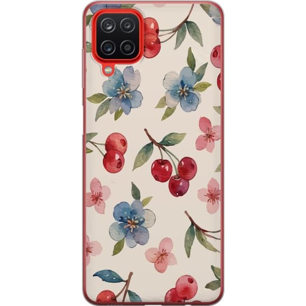 Samsung Galaxy A12 Gjennomsiktig deksel Bær & Blomster - mønster med blå blomster og skogsbær