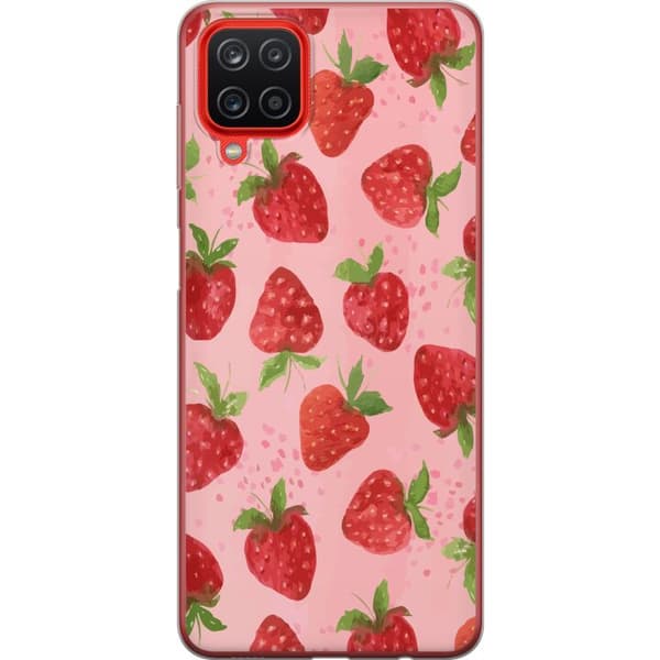 Samsung Galaxy A12 Genomskinligt Skal Strawberry Dreams – jordgubbsmönster i retrostil
