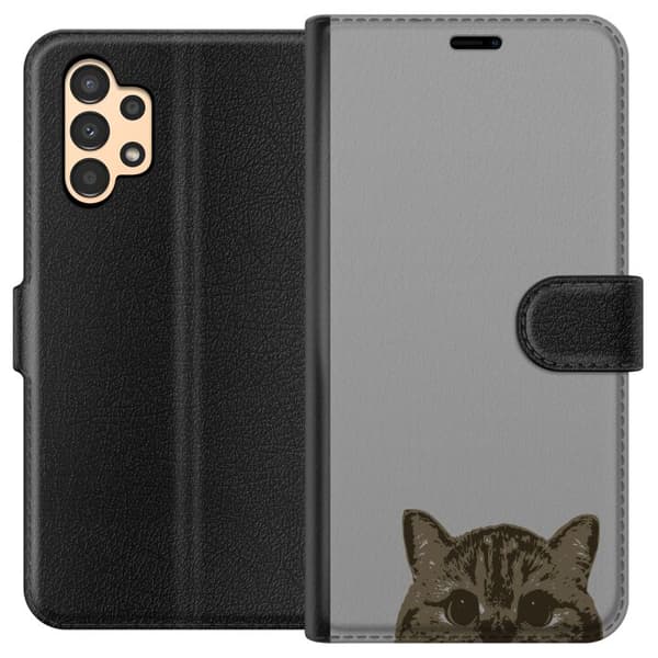Samsung Galaxy A13 Tegnebogsetui Grå Katteblik - stilfuld kat design med grå baggrund