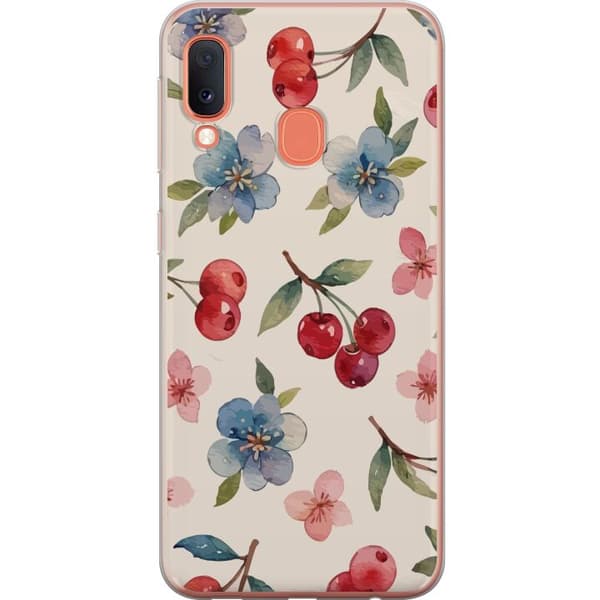 Samsung Galaxy A20e Läpinäkyvä kuori Marjat & Kukat - kuvio, jossa on sinisiä kukkia ja metsänmarjoja