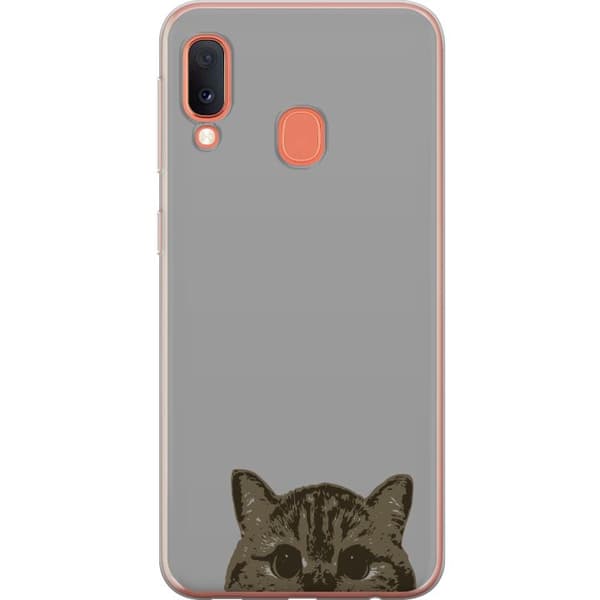 Samsung Galaxy A20e Gennemsigtig cover Grå Katteblik - stilfuld kat design med grå baggrund