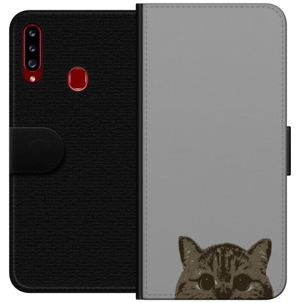 Samsung Galaxy A20s Tegnebogsetui Grå Katteblik - stilfuld kat design med grå baggrund