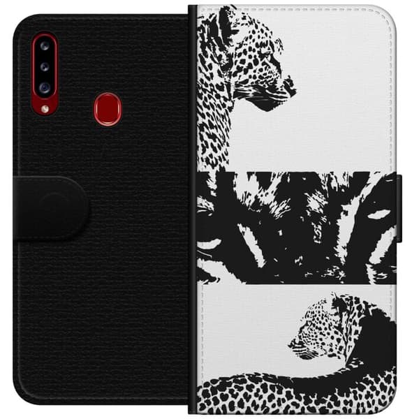 Samsung Galaxy A20s Plånboksfodral Leopard Faces – trendigt mönster med leopardansikten
