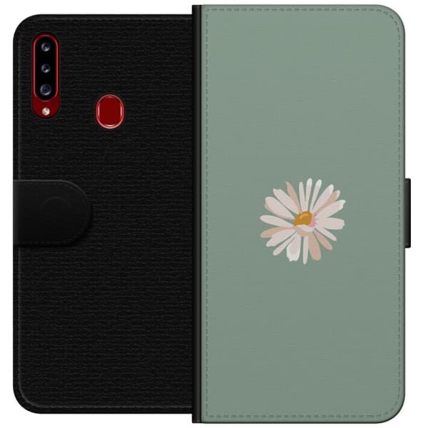 Samsung Galaxy A20s Lompakkokotelo Vihreä Minimalikukka - tyylikäs kukka vihreällä taustalla
